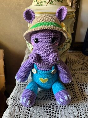 New Handmade Purple Crocheted Hippo Plush with Blue Overalls 9.5” cotton yarn.